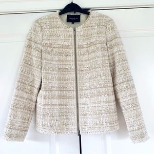 Lafayette 148 Jacket Woven Tweed Zip Up Cream Gold Fringe Textured Dressy Size 4